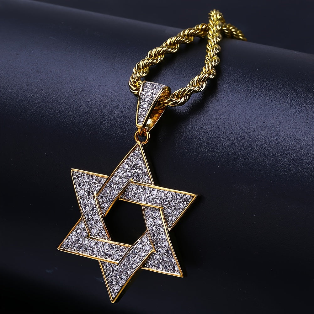 Men's 18K Gold Plated Plated Hexagram Star Necklace - Hollow Copper Star Pendant with Synthetic Cubic Synthetic Zirconia, Durable Unisex Jewelry for Casual Attire & Special Occasions