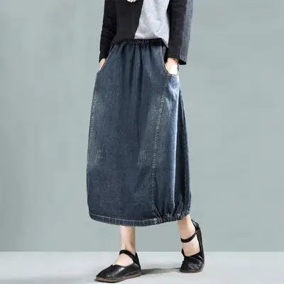 Loose Retro Patchwork Pockets Elastic Waist Denim Half Skirts 2025 Autumn New Women Simple Comfortable All-match Skirt