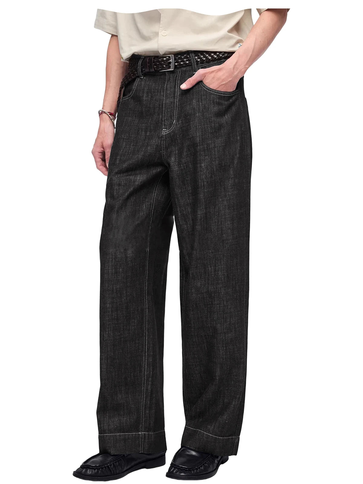 Retro Men's High Waist Wide Leg Jeans Loose Fit Denim Pants Breathable Casual Stretchy Heavyweight Cotton Y2K Baggy Trousers