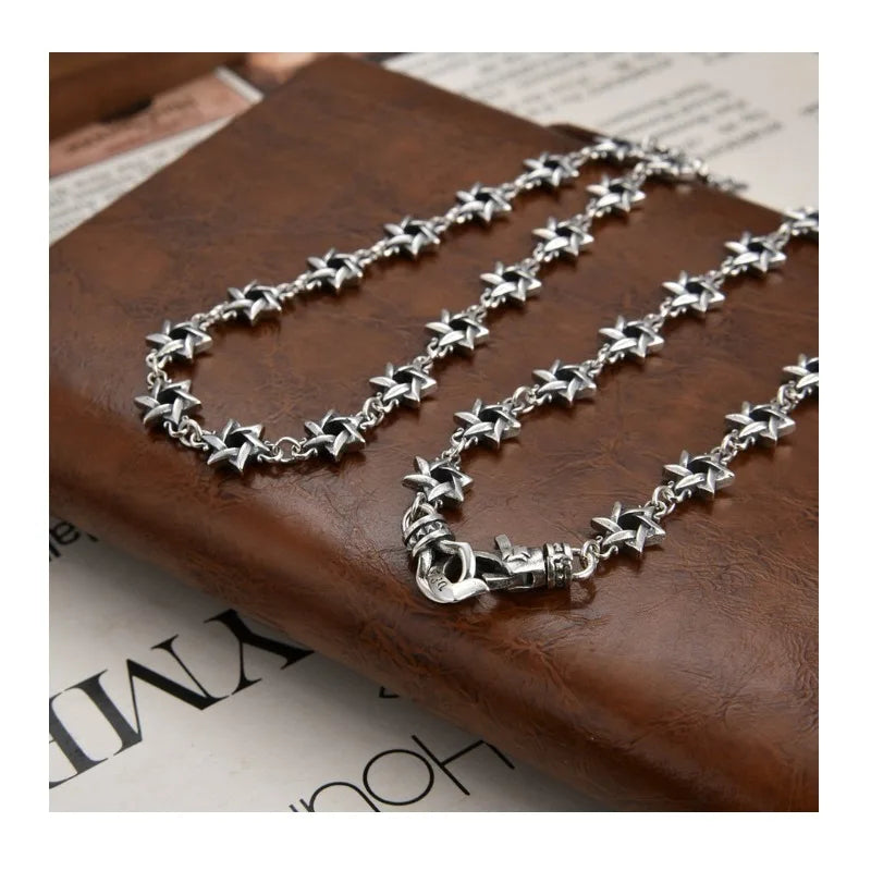 Trendy Brand Thai Silver Cross Necklace Hexagram Personality Accessories Hip Hop Lobster Buckle Men's and Women's Sweater Chain