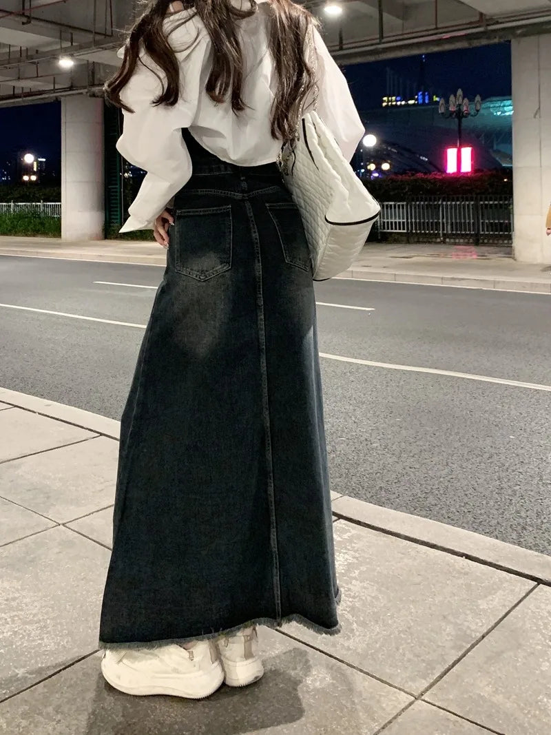 Elegant Style High Waist Raw Hem Denim Skirt Fashion Vintage A-Line Midi Indie Design Comfortable Long Denim Skirt