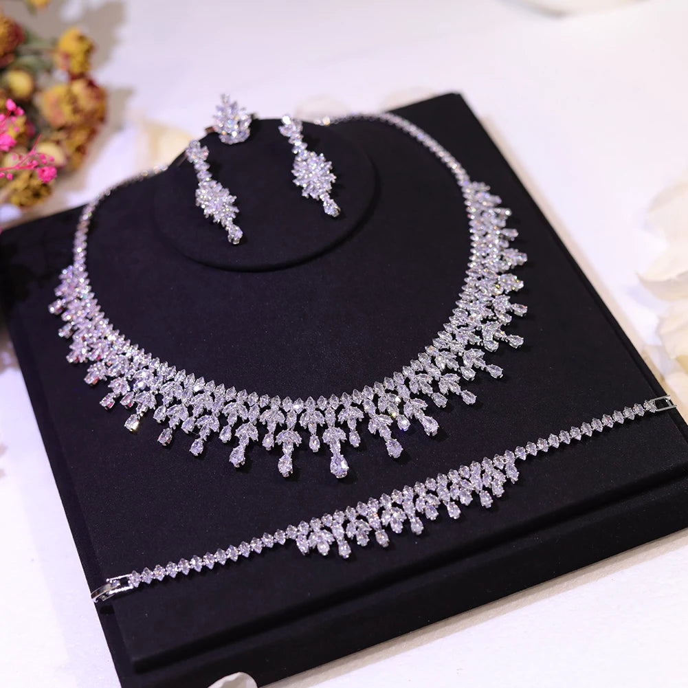 Jewelry Sets Leaf Design Bridal Necklace Earring Set 5A Cubic Zirconia Femme Ladies Wedding Accessories
