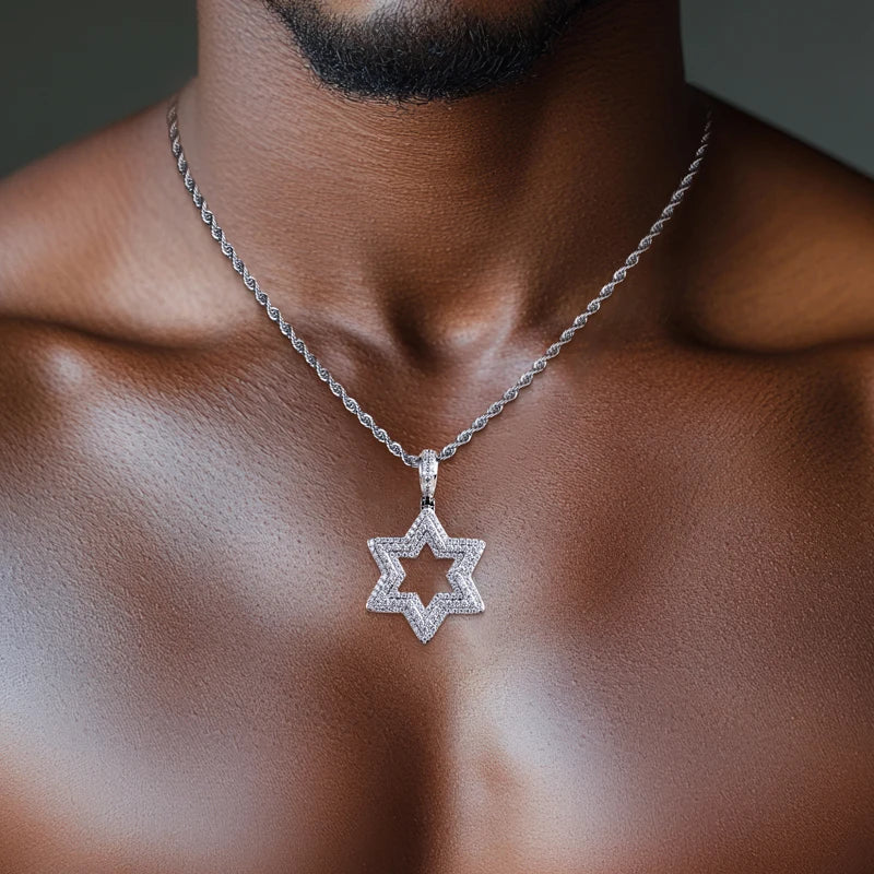 5.89cttw Moissanite Iced Out Star of David Pendant 14K Gold Plated Hexagram Necklace Women/Men Style Jewelry