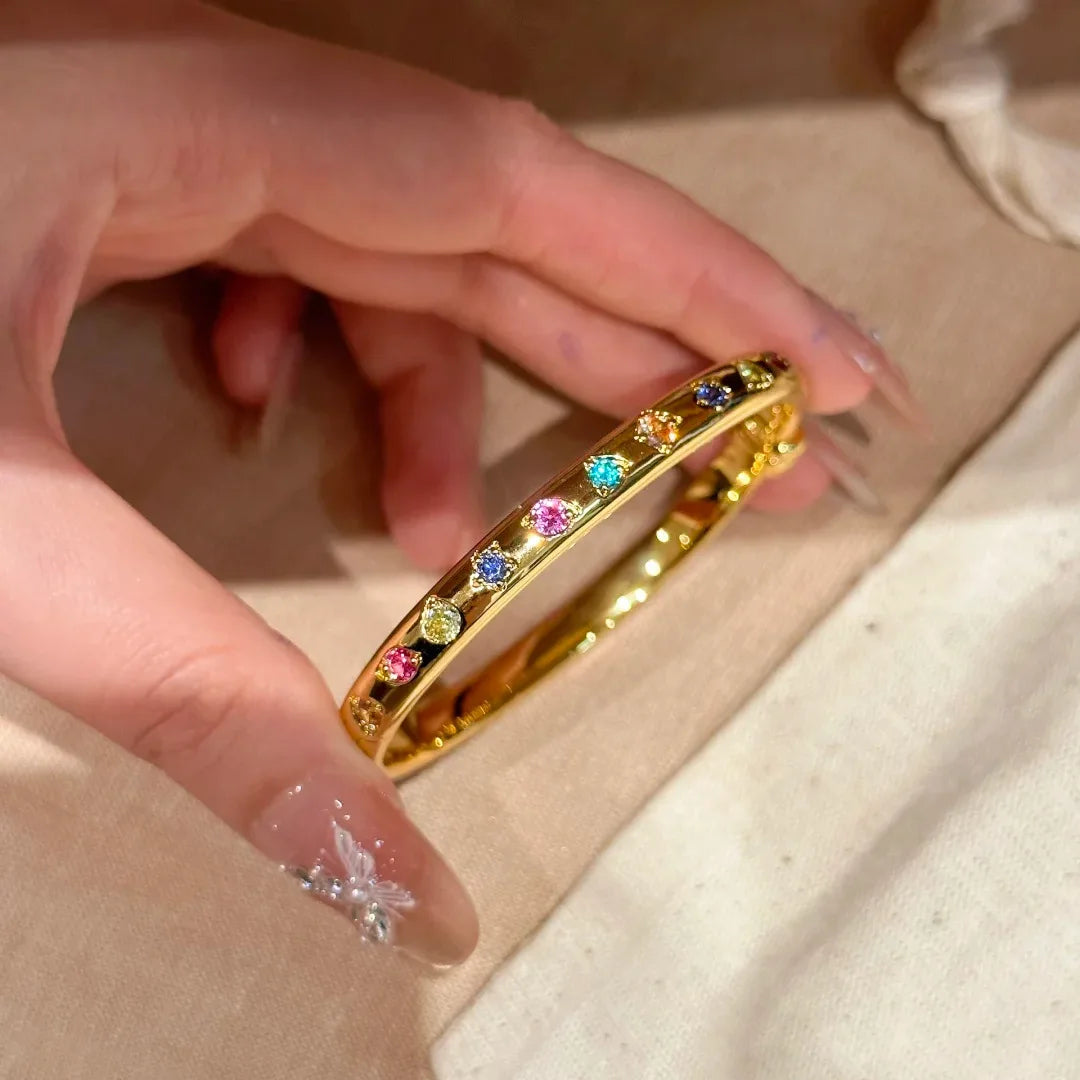 Retro Rainbow Candy Bracelet Light Luxury Elegant Gold Double Sided Colorful Treasure Opening Bracelet For Women