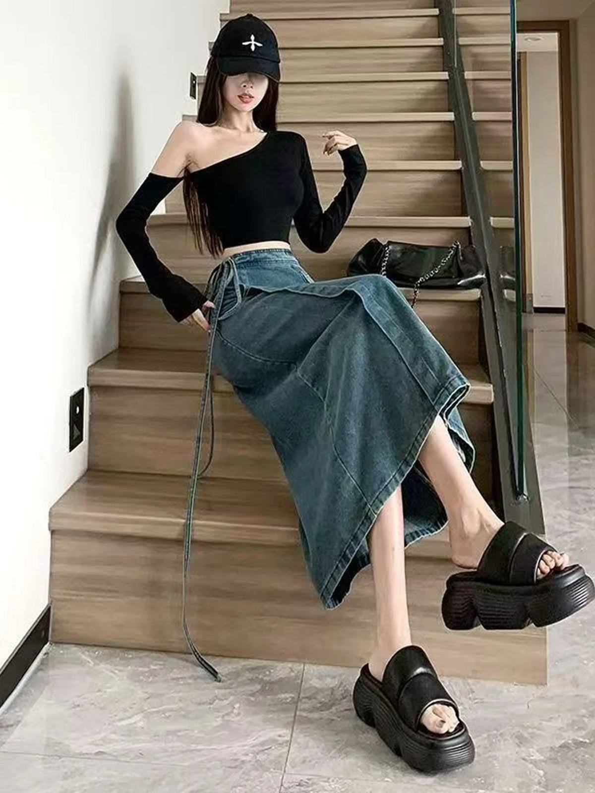 American Retro High Waist Denim Skirt Women's Fashion Design Loose Slimming Long Split Skirt Casual High Waist Denim Skirt