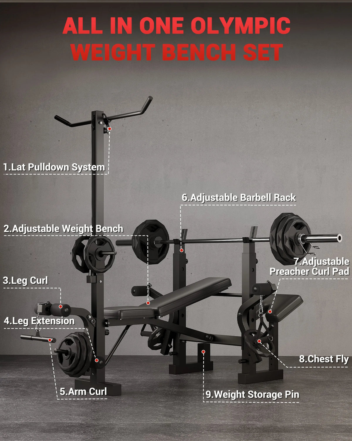 Adjustable 4-in-1 Weight Bench Set with Leg Developer Barbell Rack Butterfly Arm Preacher, Foldable Workout Bench for Home Gym