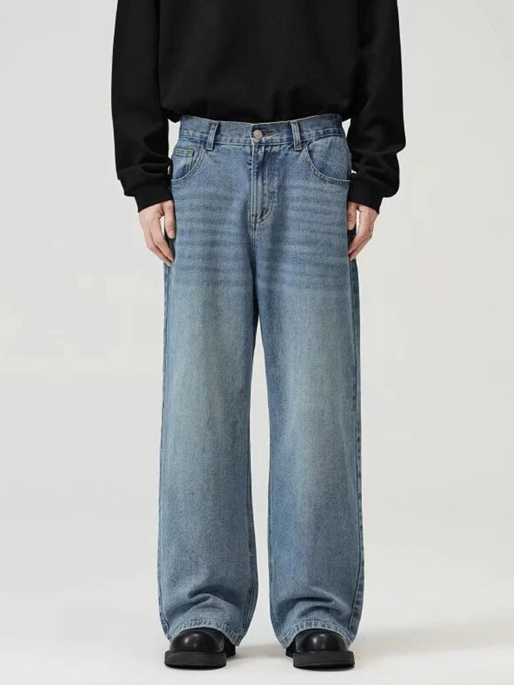 Y2K Streetwear Straight Denim Trousers Men Fashion Washed Vintage Blue Baggy Jeans Hip Hop Casual Cleanfit Jeans