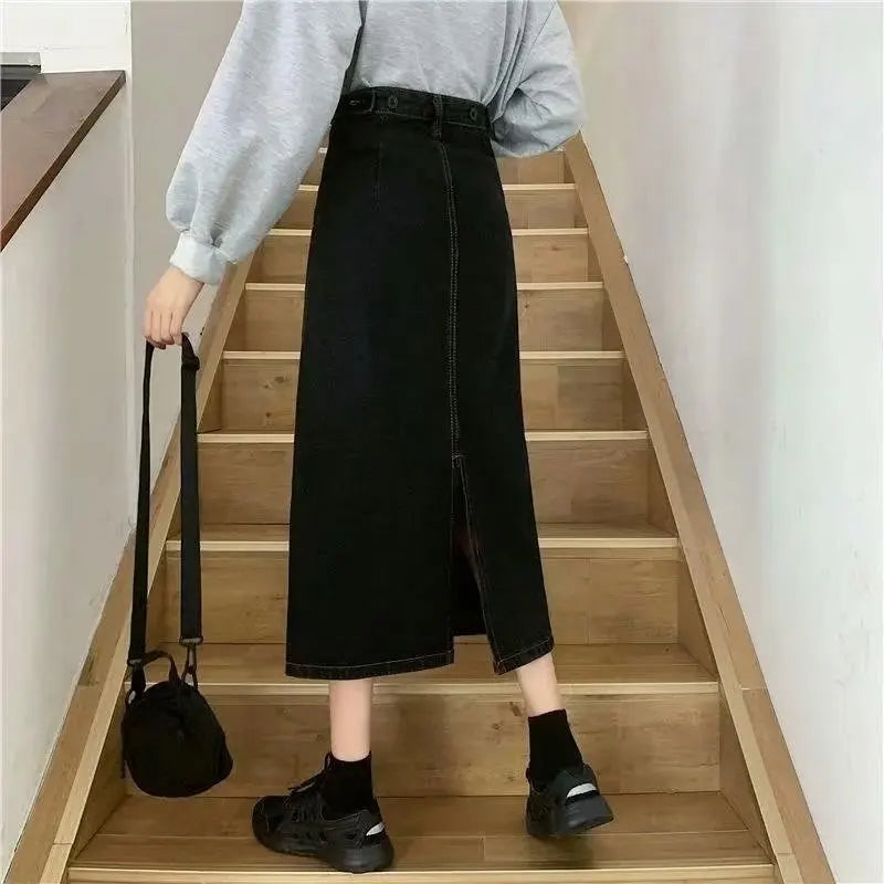 High Waist A-Line Midi Skirts Women's Denim Skirts High Waist Design Sensation Small Audience Hip Covering Split Skirts