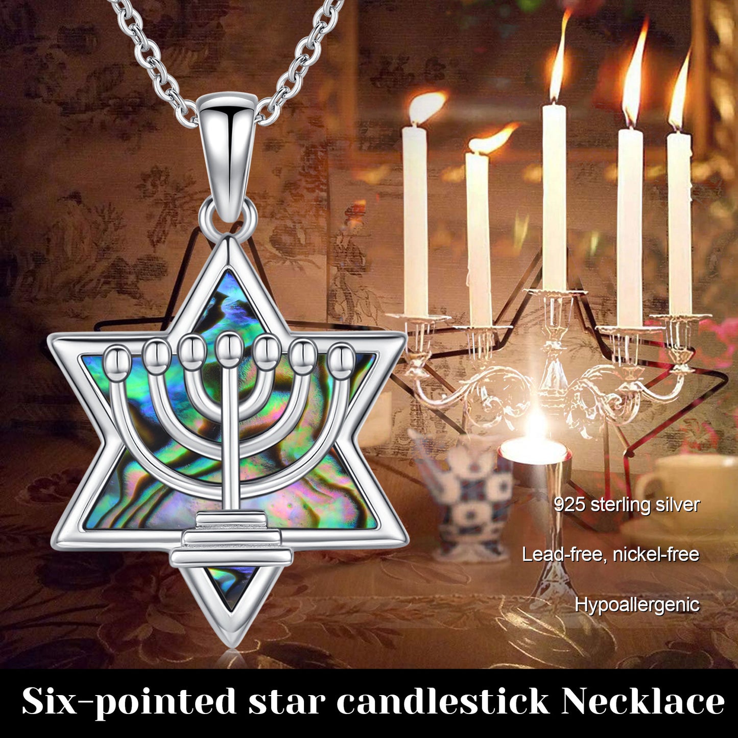 Menorah Necklace 925 Sterling Silvery Star of David Pendant Necklace Hanukkah Christmas Gifts Religious Jewelry for Women Men