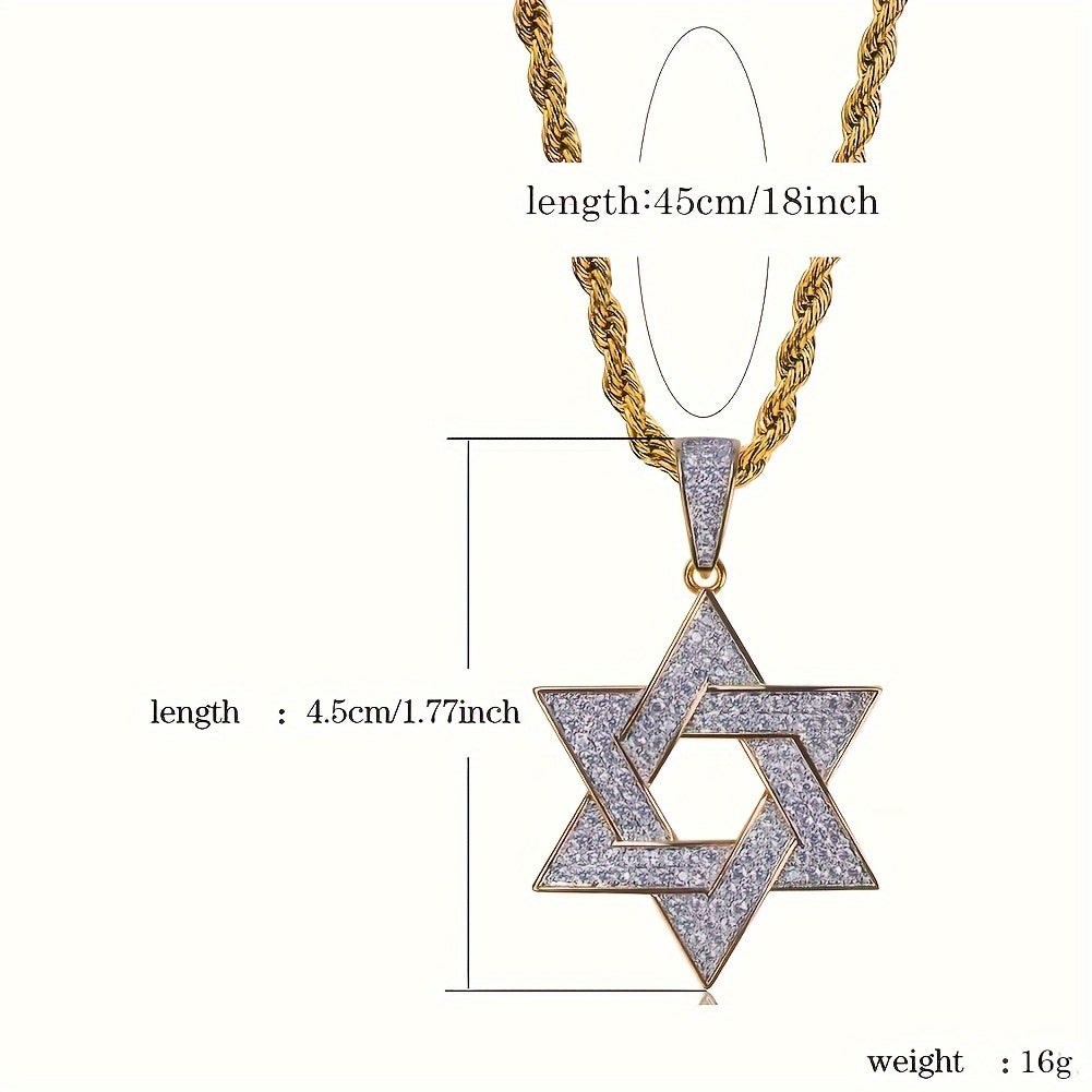 Men's 18K Gold Plated Plated Hexagram Star Necklace - Hollow Copper Star Pendant with Synthetic Cubic Synthetic Zirconia, Durable Unisex Jewelry for Casual Attire & Special Occasions
