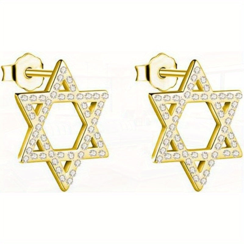 Pair of Elegant Star of David Stud Earrings with Sparkling Faux Gemstones - Golden-Tone Alloy, Perfect for Jewish Celebrations and Formal Events, Formal Event Jewelry | Star Of David Design | Faux Embellishments, For Teenager