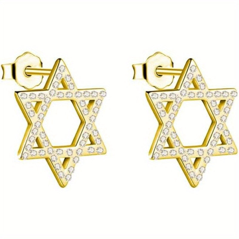 Pair of Elegant Star of David Stud Earrings with Sparkling Faux Gemstones - Golden-Tone Alloy, Perfect for Jewish Celebrations and Formal Events, Formal Event Jewelry | Star Of David Design | Faux Embellishments, For Teenager