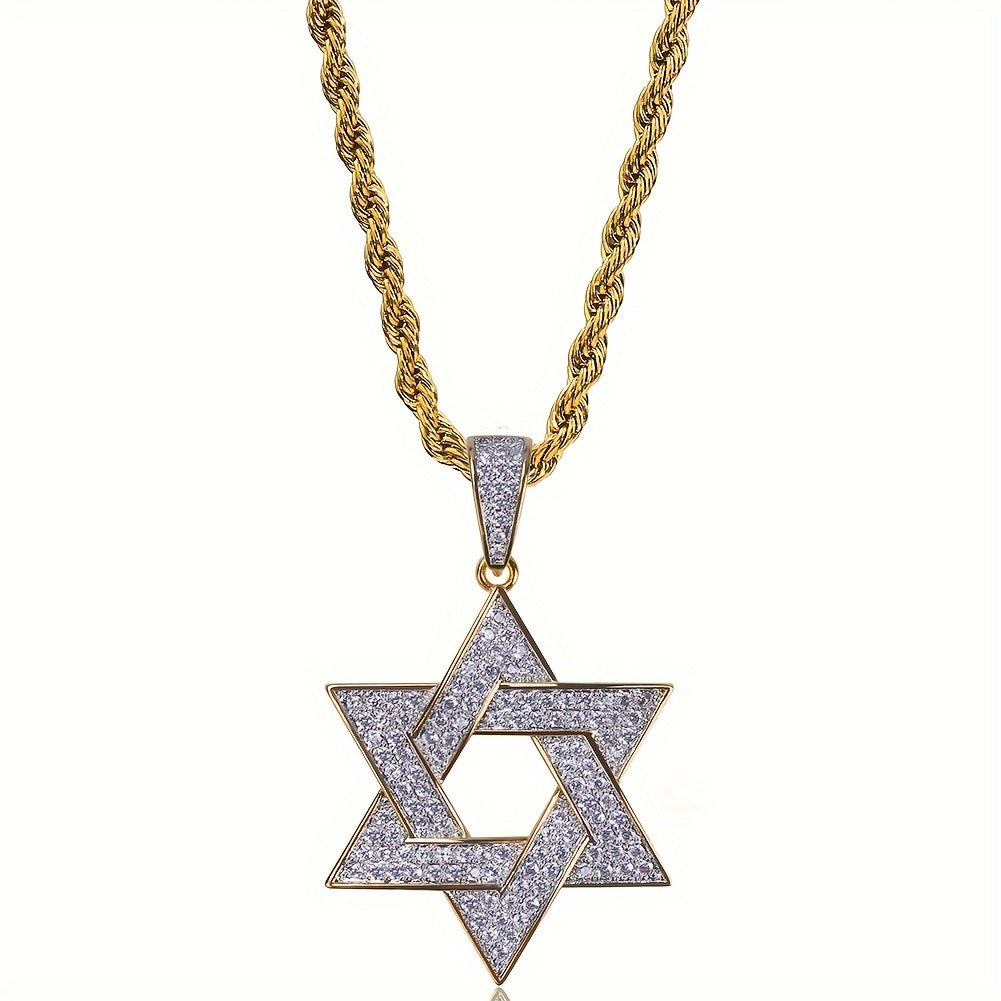 Men's 18K Gold Plated Plated Hexagram Star Necklace - Hollow Copper Star Pendant with Synthetic Cubic Synthetic Zirconia, Durable Unisex Jewelry for Casual Attire & Special Occasions