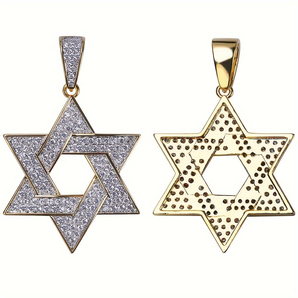Men's 18K Gold Plated Plated Hexagram Star Necklace - Hollow Copper Star Pendant with Synthetic Cubic Synthetic Zirconia, Durable Unisex Jewelry for Casual Attire & Special Occasions