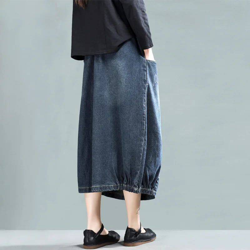 Loose Retro Patchwork Pockets Elastic Waist Denim Half Skirts 2025 Autumn New Women Simple Comfortable All-match Skirt