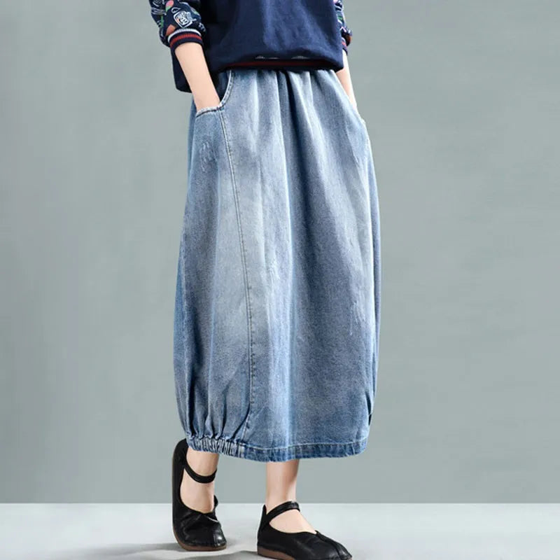 Loose Retro Patchwork Pockets Elastic Waist Denim Half Skirts 2025 Autumn New Women Simple Comfortable All-match Skirt