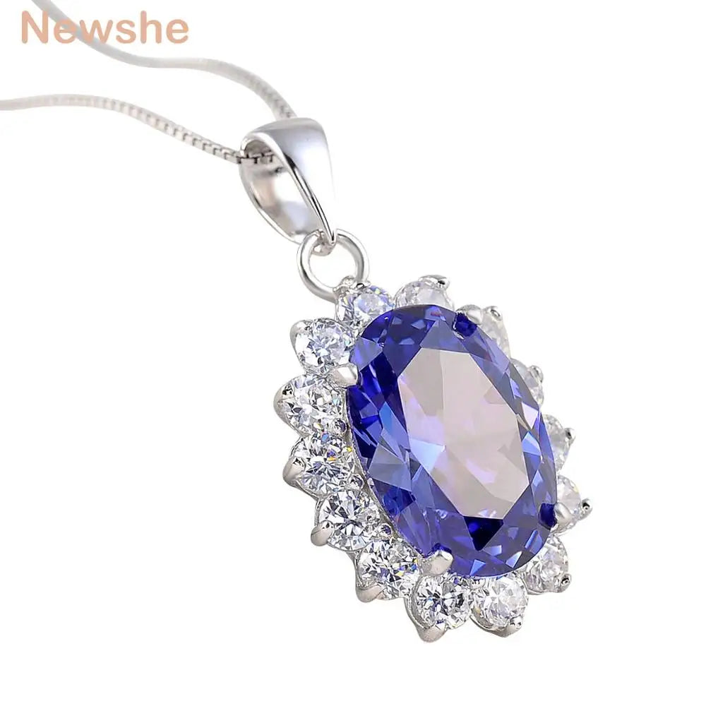 6.4 Ct Oval Shape Blue AAAAA Zircon Pendant Solid 925 Sterling Silver 18 Inches Chain Necklace for Women