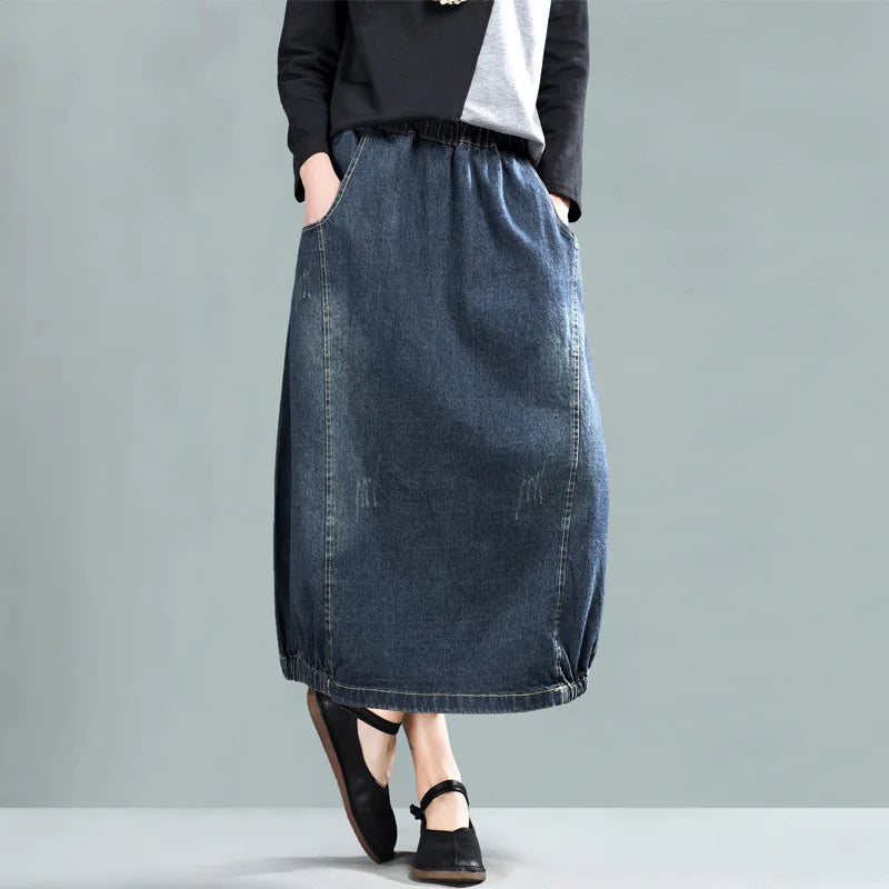 Loose Retro Patchwork Pockets Elastic Waist Denim Half Skirts 2025 Autumn New Women Simple Comfortable All-match Skirt