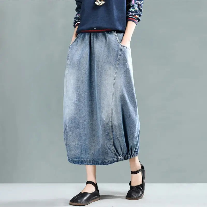 Loose Retro Patchwork Pockets Elastic Waist Denim Half Skirts 2025 Autumn New Women Simple Comfortable All-match Skirt