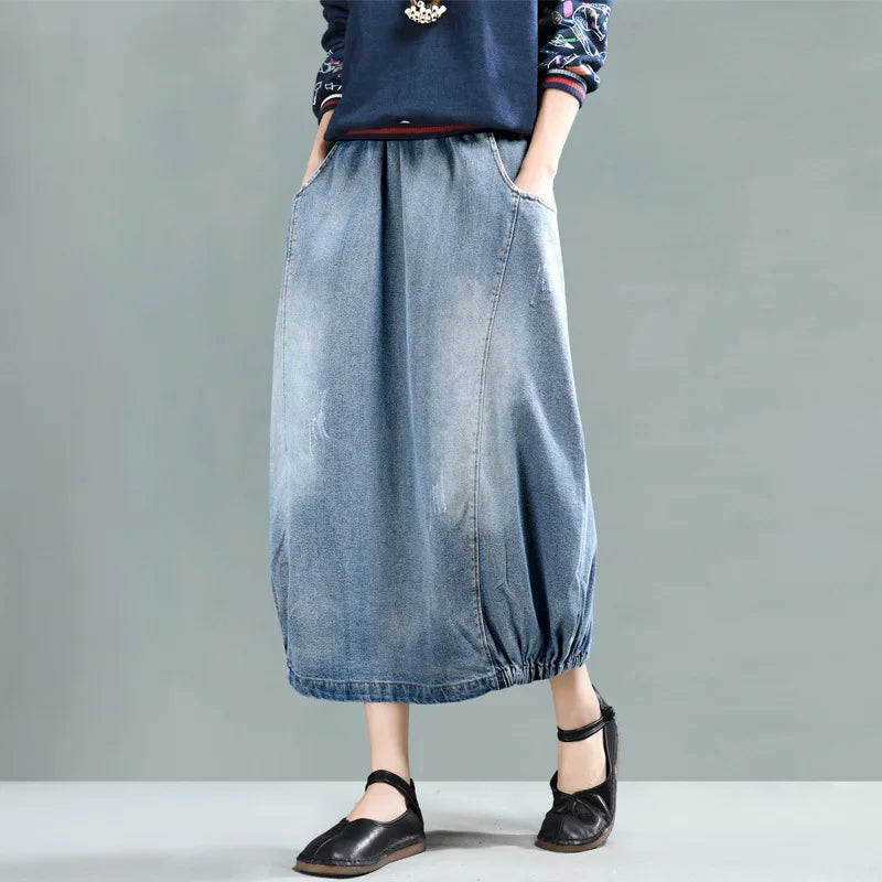 Loose Retro Patchwork Pockets Elastic Waist Denim Half Skirts 2025 Autumn New Women Simple Comfortable All-match Skirt