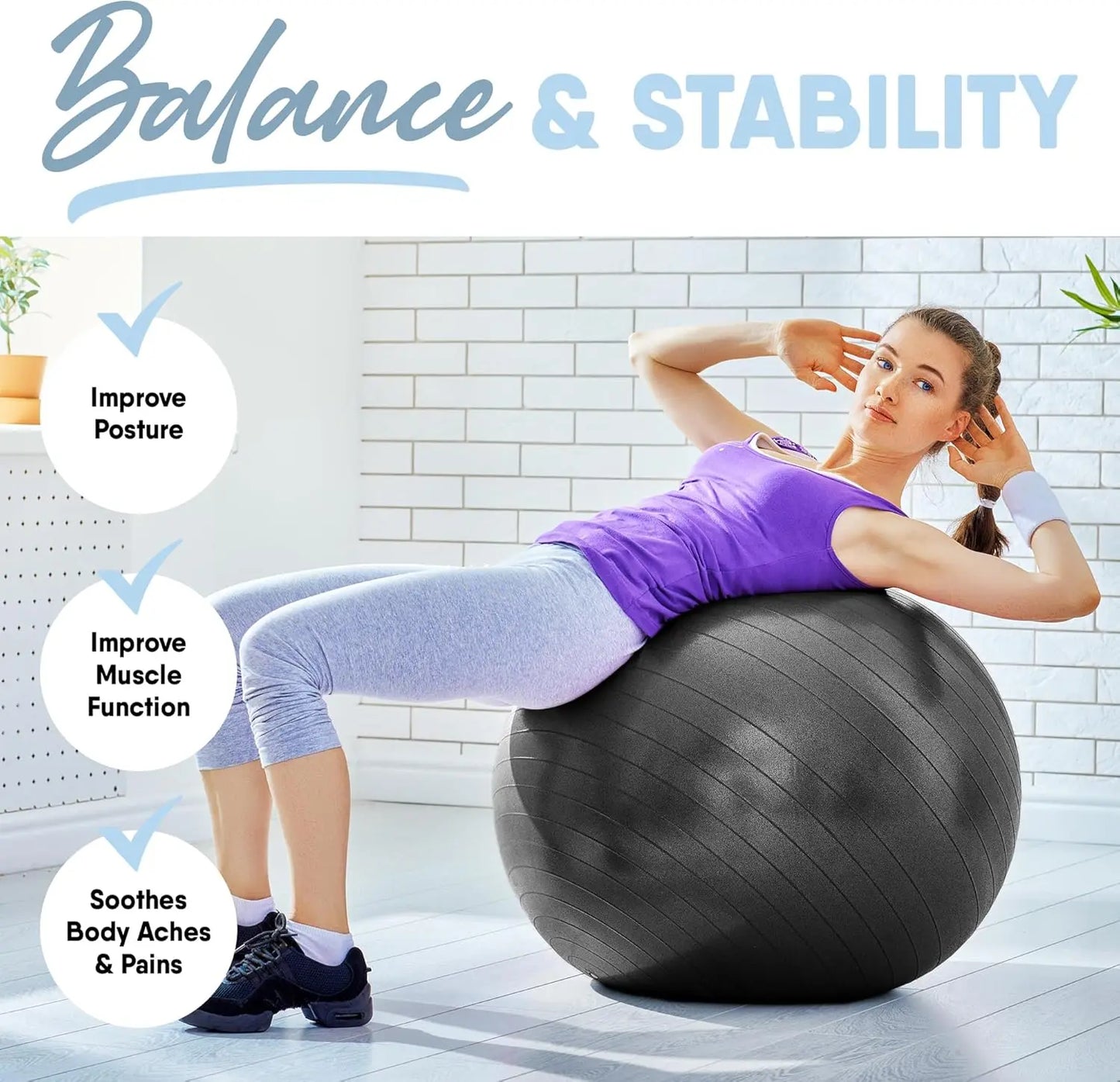 Exercise Ball for Yoga Pilates Core Strength Balance Training, Anti-Burst Stability Ball with Pump, Grey
