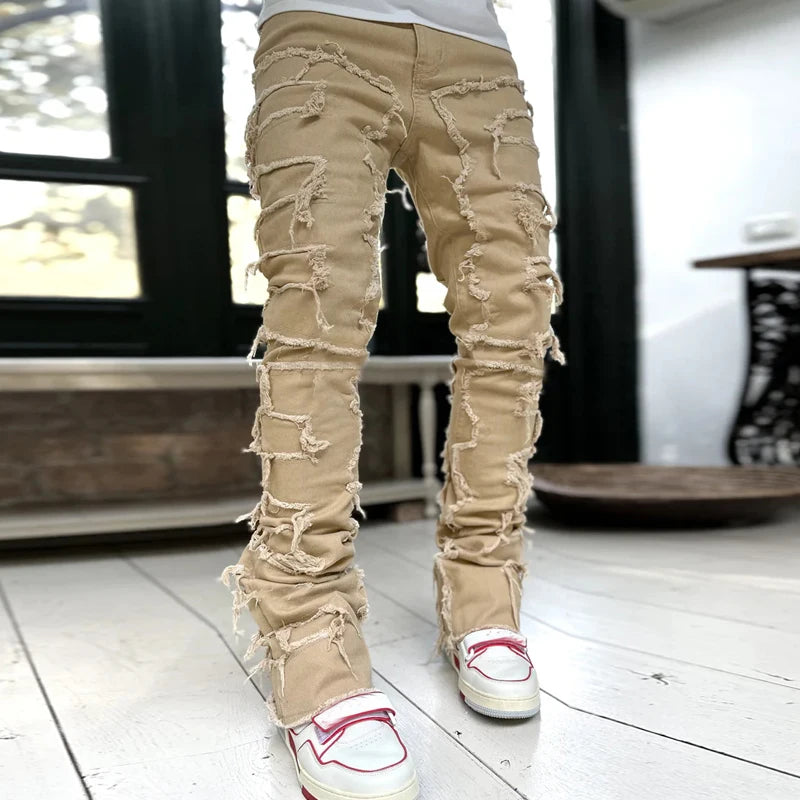 New European and American Heavyweight Streetwise Stretch Patch Jeans for Men, High Street Straight Fit Long Jeans