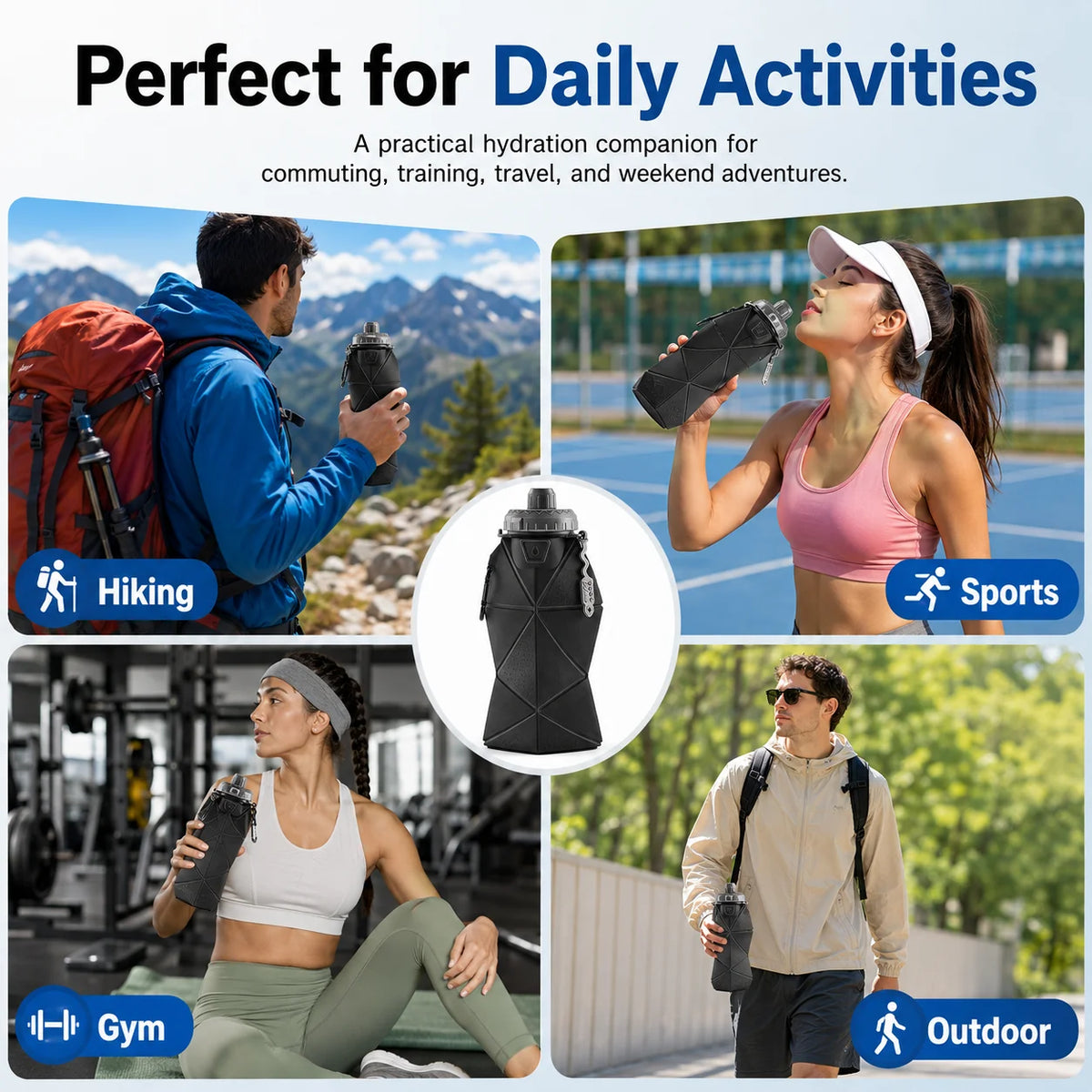Portable Foldable Silicone Water Bottle Free Leak Proof Outdoor Sports Water Flask Reusable Travel Cup for Gym Hiking Camping
