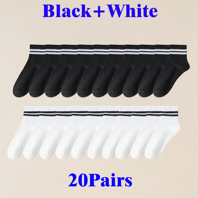 10/20/30 Pairs Men Women Striped Socks Cotton Round Neck Breathable Odor Proof Sweat Absorb Casual White Black Socks All-Season