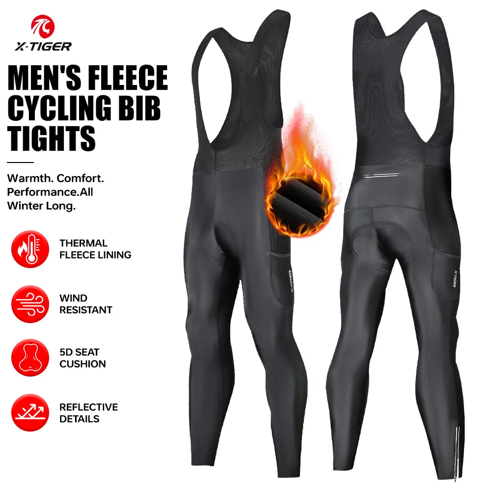 X-TIGER Men Winter Cycling Bib Tights 5D Gel Pad Cushion Bike Cycling Trousers 3 Pockets Windproof Thermal for Road MTB Long Riding Pants