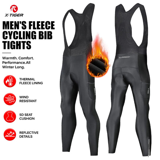 X-TIGER Men Winter Cycling Bib Tights 5D Gel Pad Cushion Bike Cycling Trousers 3 Pockets Windproof Thermal for Road MTB Long Riding Pants