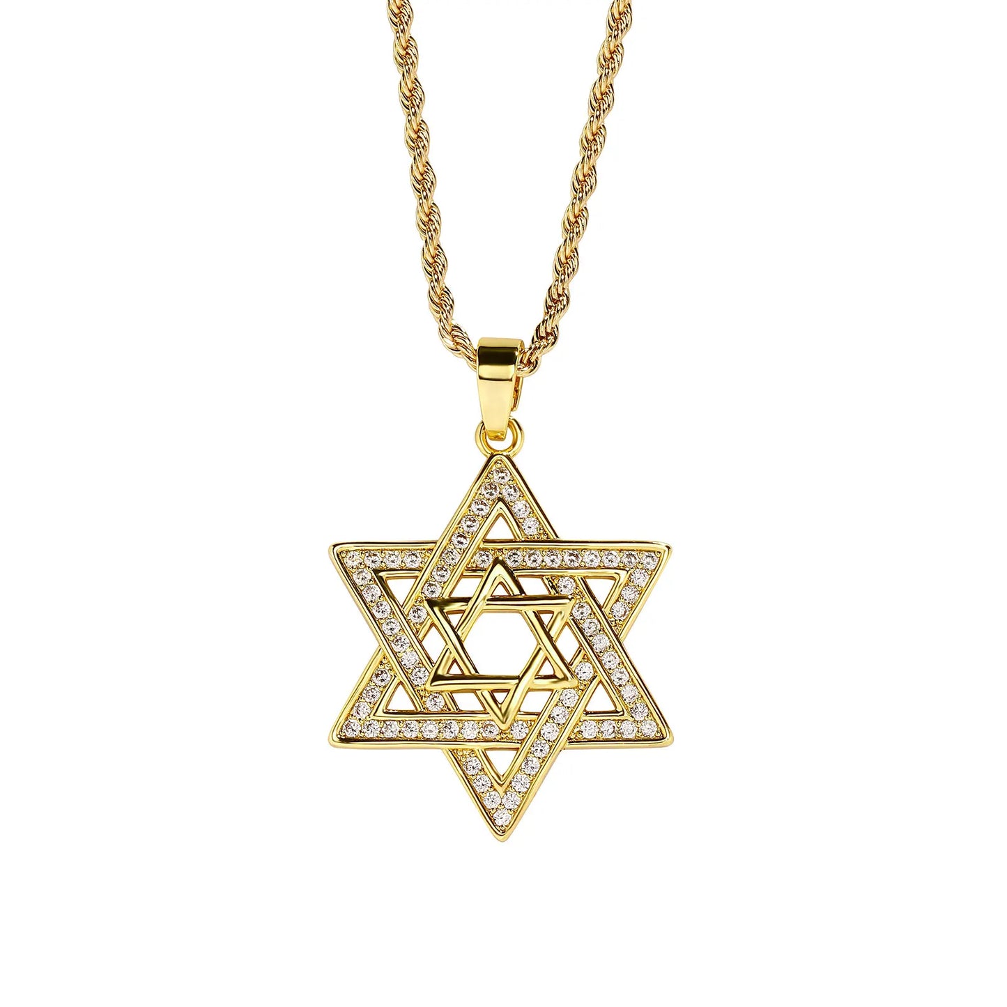 Unisex Iced Out Cubic Zirconia Gothic Star of David Pendant Necklace Gold Silver Color Hexagram Chain Hip Hop Jewelry