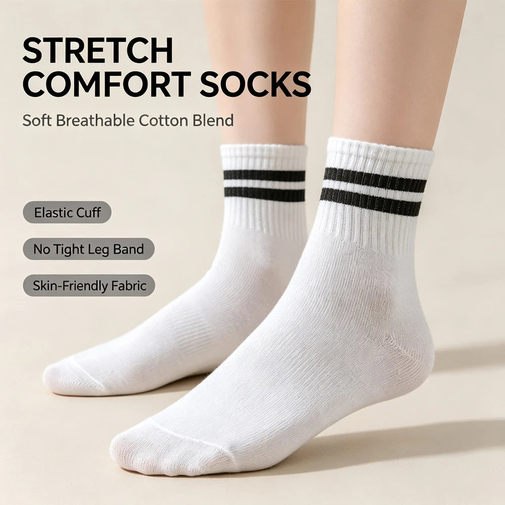 10/20/30 Pairs Men Women Striped Socks Cotton Round Neck Breathable Odor Proof Sweat Absorb Casual White Black Socks All-Season