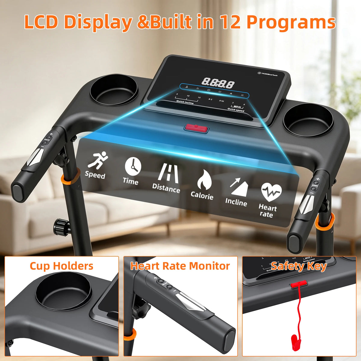 Home Treadmill with 15% Auto Incline, 3-Level Adjustable Height,Speaker, Heart Rate Monitor, Shock Absorption, LED Display, Cup Holder, 300 LBS Capacity, 12 HIIT Modes