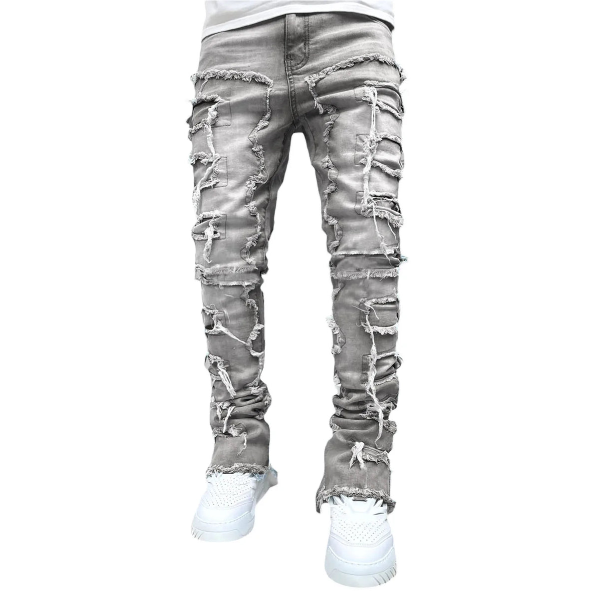New European and American Heavyweight Streetwise Stretch Patch Jeans for Men, High Street Straight Fit Long Jeans