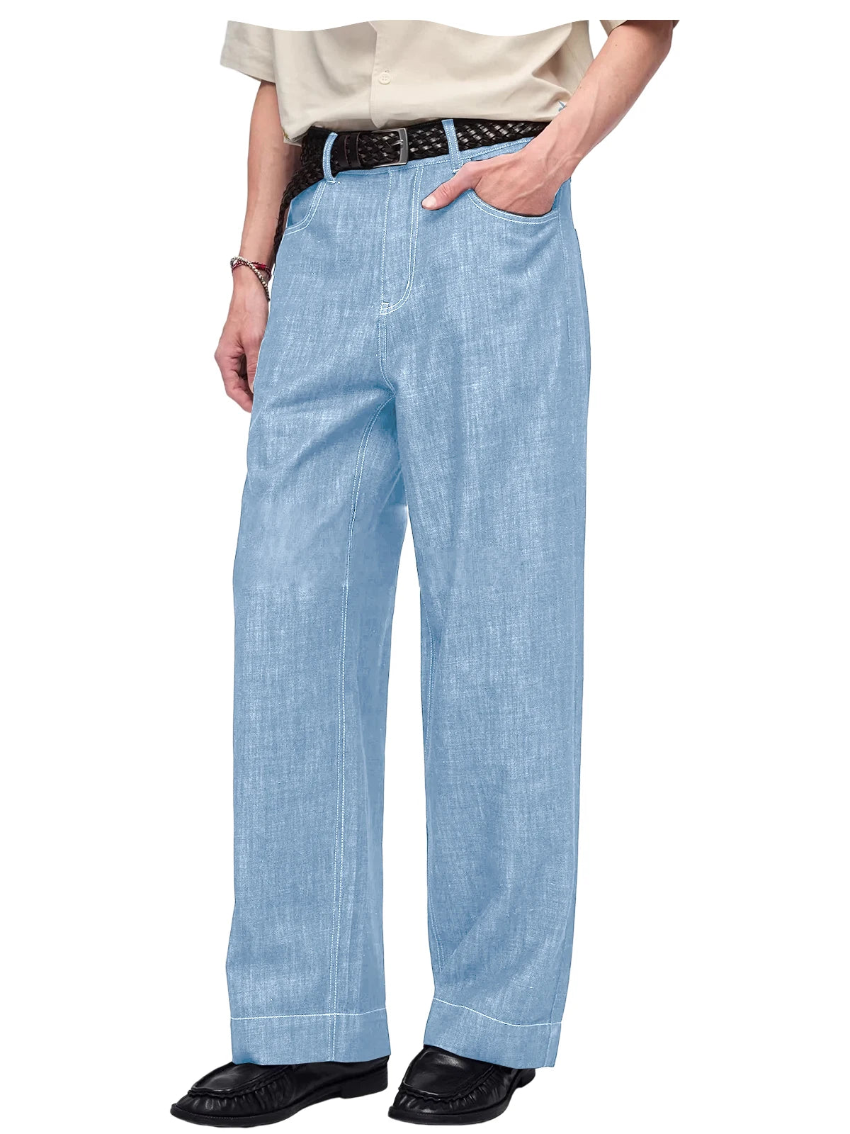 Retro Men's High Waist Wide Leg Jeans Loose Fit Denim Pants Breathable Casual Stretchy Heavyweight Cotton Y2K Baggy Trousers