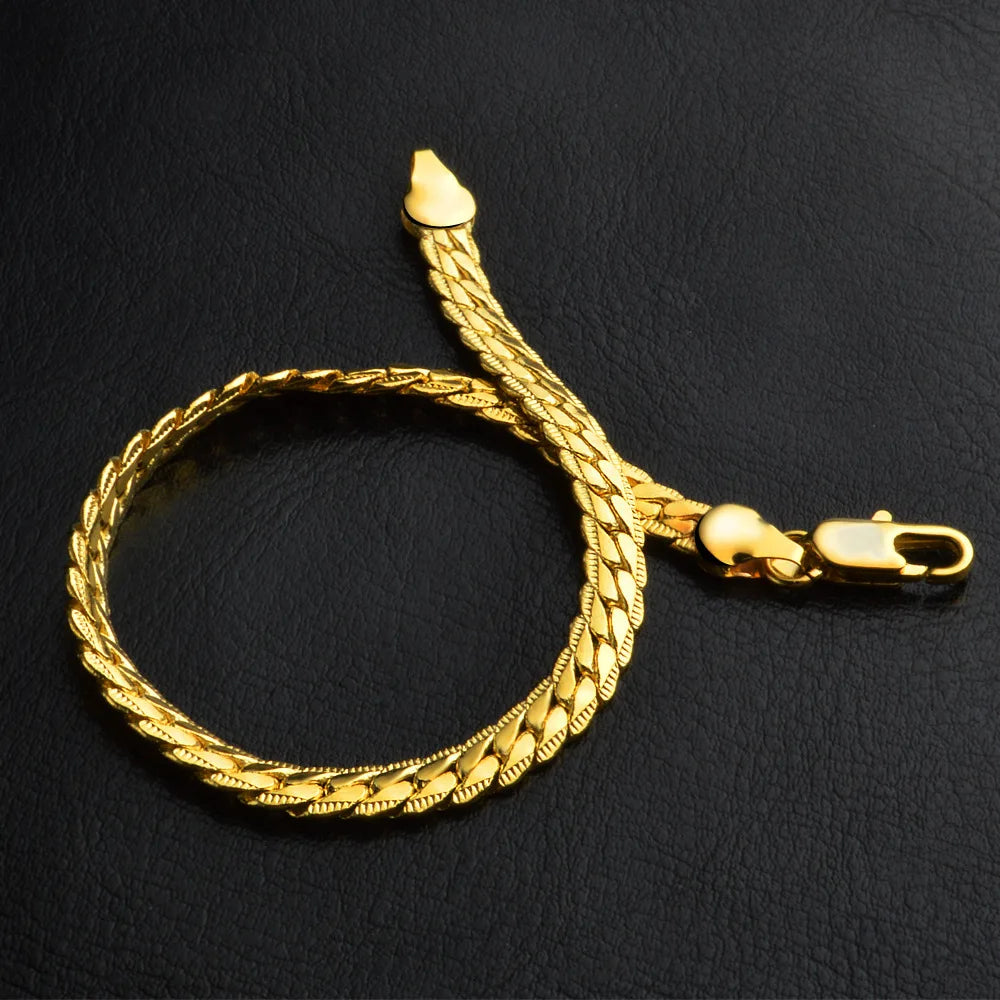 Luxury 24K 9999 Pure Gold real gold Women's Flat Snake Bone Bracelet 5mm Side Chain Bracelet