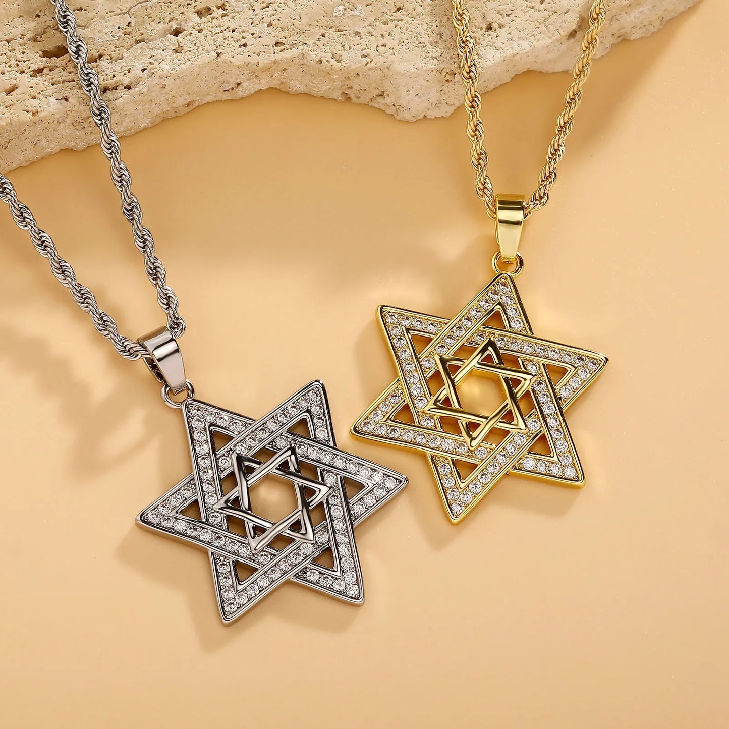 Unisex Iced Out Cubic Zirconia Gothic Star of David Pendant Necklace Gold Silver Color Hexagram Chain Hip Hop Jewelry