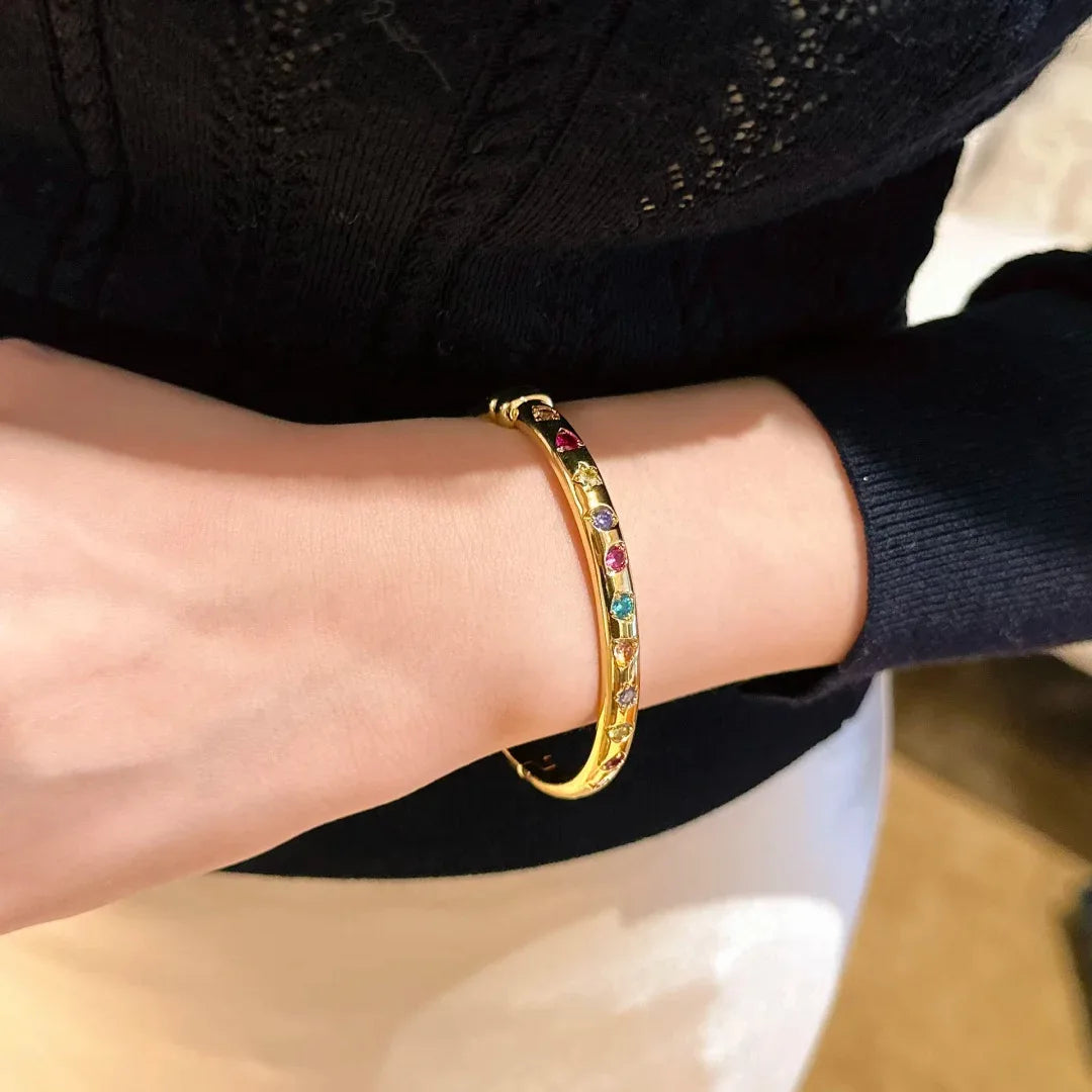 Retro Rainbow Candy Bracelet Light Luxury Elegant Gold Double Sided Colorful Treasure Opening Bracelet For Women