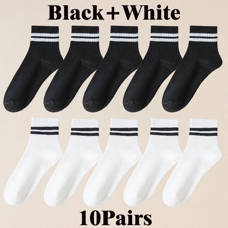10/20/30 Pairs Men Women Striped Socks Cotton Round Neck Breathable Odor Proof Sweat Absorb Casual White Black Socks All-Season