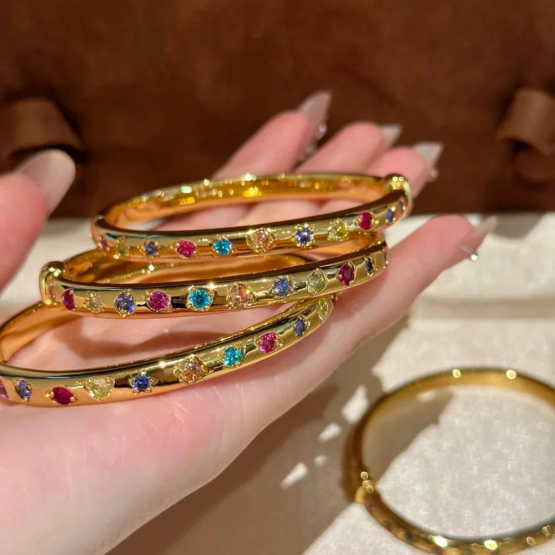 Retro Rainbow Candy Bracelet Light Luxury Elegant Gold Double Sided Colorful Treasure Opening Bracelet For Women