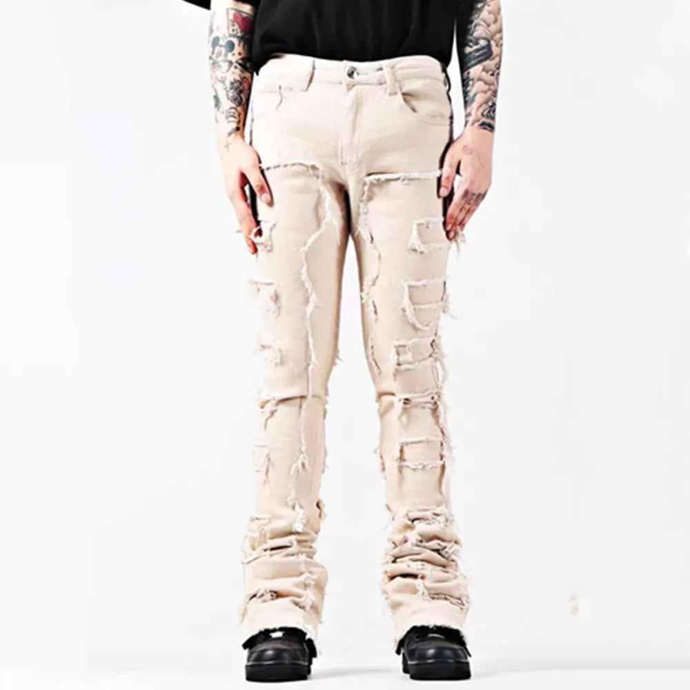New European and American Heavyweight Streetwise Stretch Patch Jeans for Men, High Street Straight Fit Long Jeans