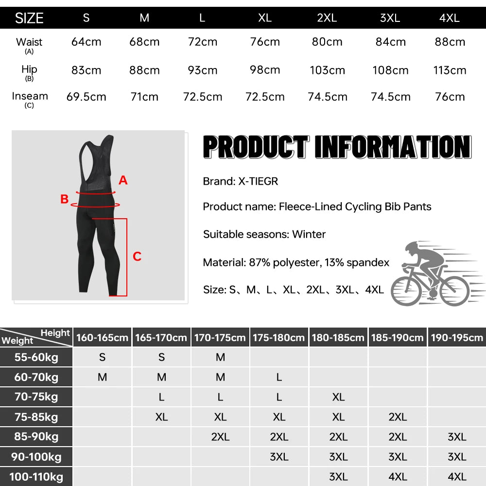 X-TIGER Men Winter Cycling Bib Tights 5D Gel Pad Cushion Bike Cycling Trousers 3 Pockets Windproof Thermal for Road MTB Long Riding Pants