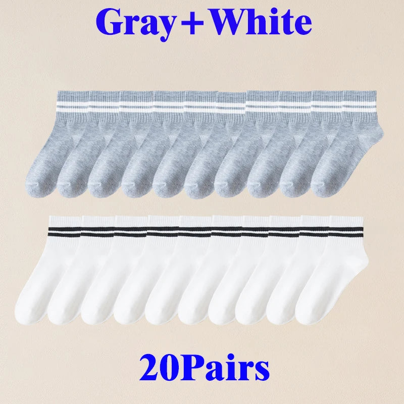 10/20/30 Pairs Men Women Striped Socks Cotton Round Neck Breathable Odor Proof Sweat Absorb Casual White Black Socks All-Season