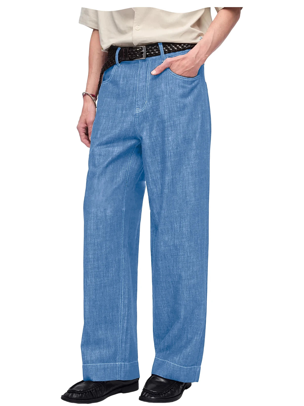 Retro Men's High Waist Wide Leg Jeans Loose Fit Denim Pants Breathable Casual Stretchy Heavyweight Cotton Y2K Baggy Trousers