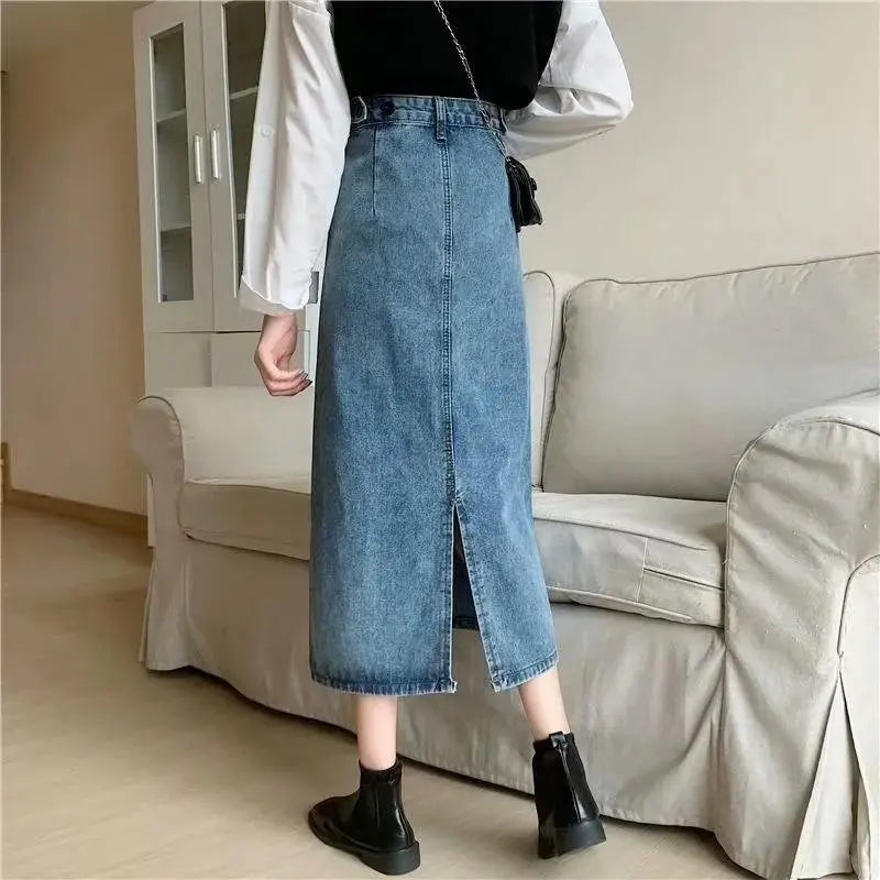High Waist A-Line  Midi Skirts Women's Denim Skirts High Waist Design Sensation Small Audience Hip Covering Split Skirts