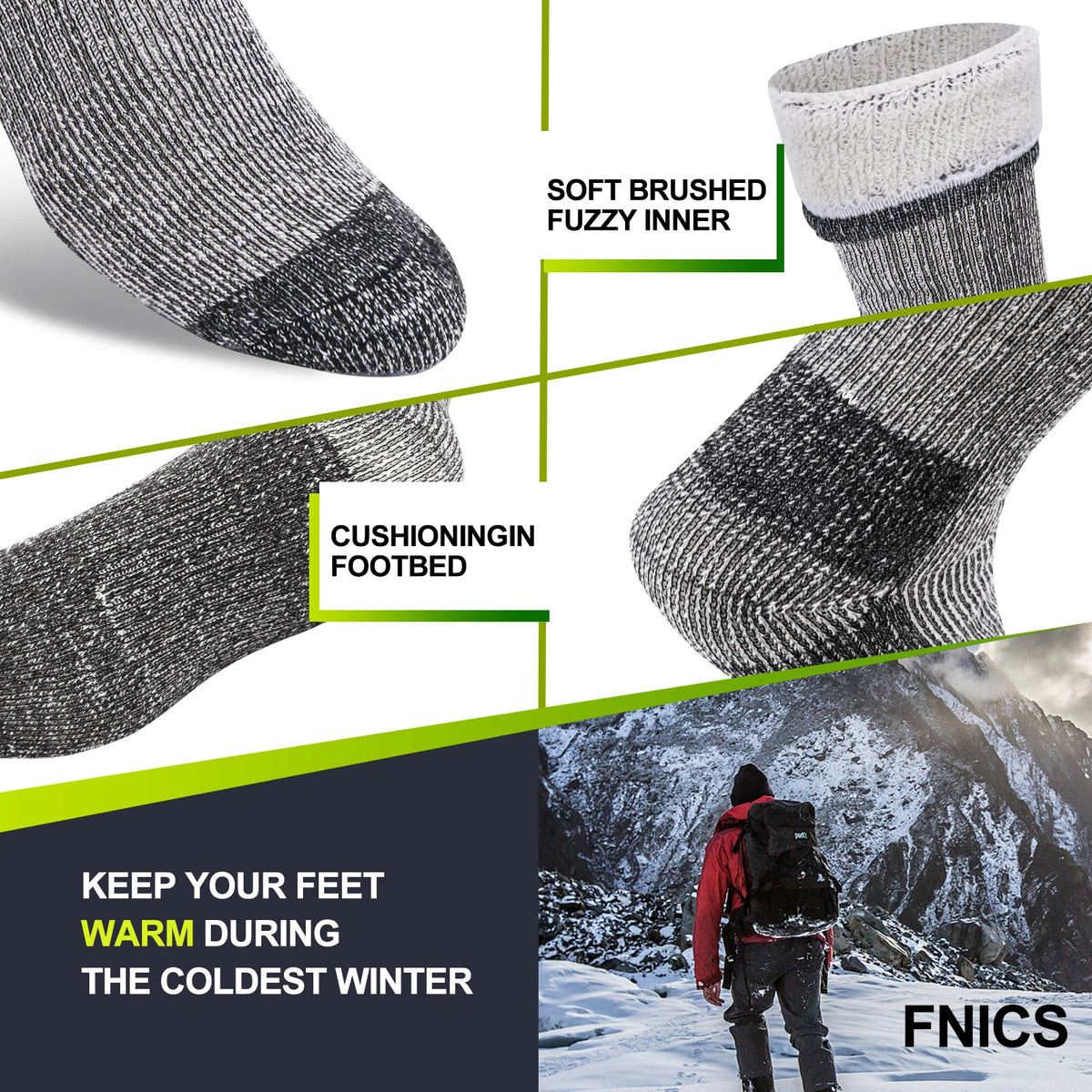 3 Pairs Men/Women Merino Wool Crew Socks Thickened Thermal and Warm Socks for Winter Work Outdoor Hiking Running Sports Large
