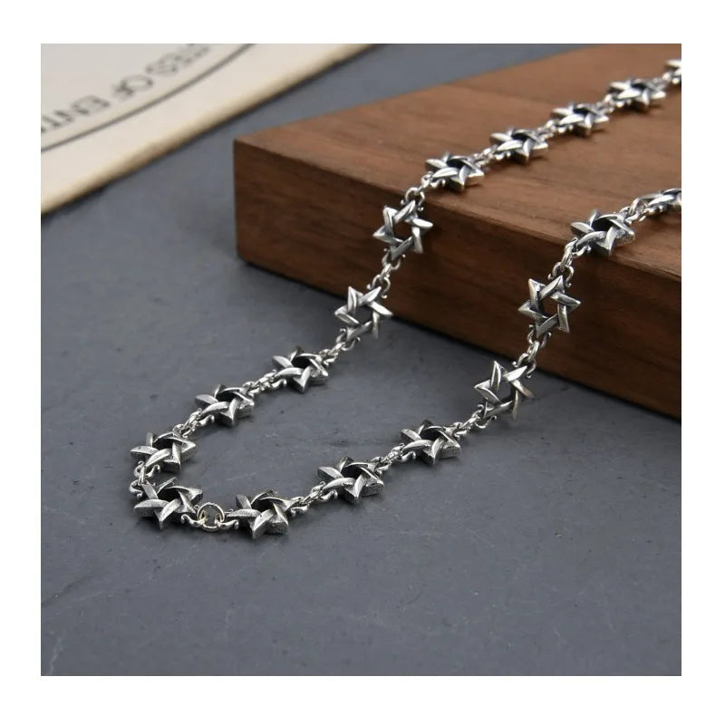 Trendy Brand Thai Silver Cross Necklace Hexagram Personality Accessories Hip Hop Lobster Buckle Men's and Women's Sweater Chain
