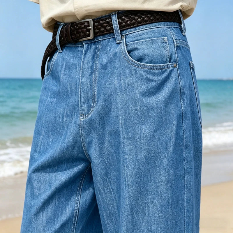 Retro Men's High Waist Wide Leg Jeans Loose Fit Denim Pants Breathable Casual Stretchy Heavyweight Cotton Y2K Baggy Trousers