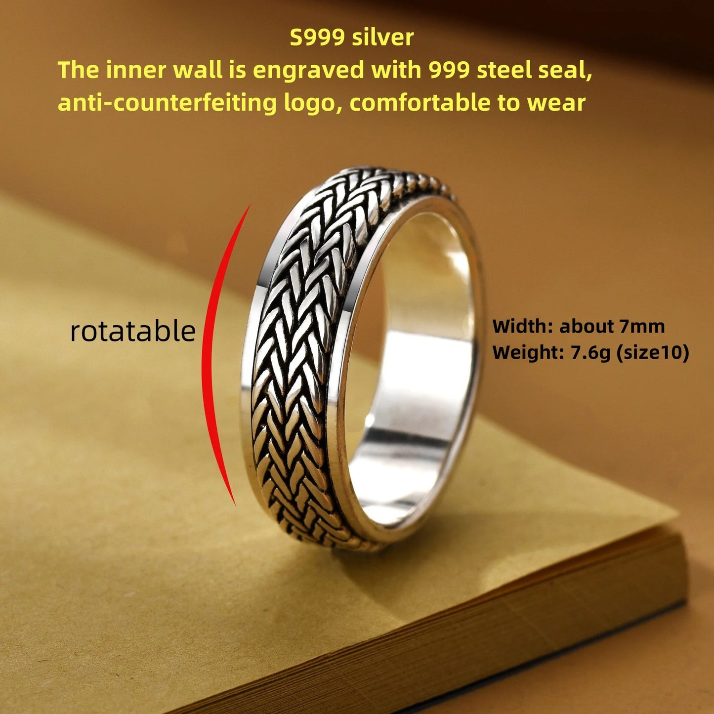 Real S999 Sterling Silver Vintafe Great Wall Pattern Double Layer Rotatable Closed Rings For Man Woman Lucky Jewelry Gift