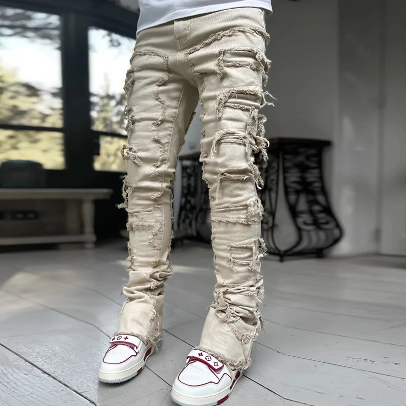 New European and American Heavyweight Streetwise Stretch Patch Jeans for Men, High Street Straight Fit Long Jeans